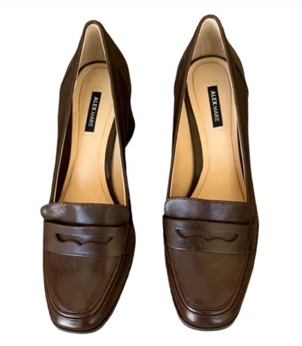 Alex Marie Penny Loafer Block Heel Slip-on Leather Shoes Size 10 Dark Brown NWOB - Picture 2 of 8