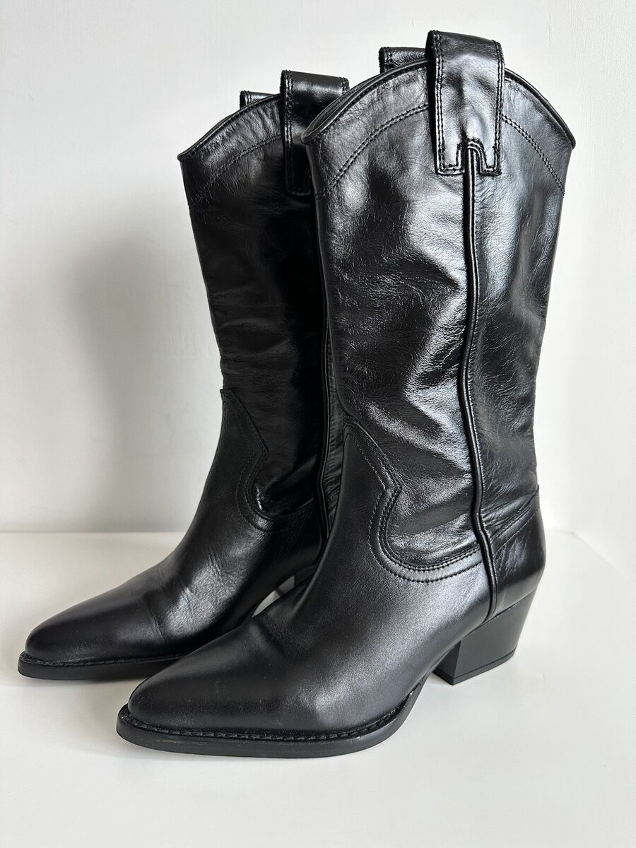 ZARA BLOGGER FAVORITE LEATHER COWBOY BOOTS BLACK Size EU 35 ZARA BLOGGER FAVORITE LEATHER COWBOY BOOTS BLACK Size EU 35