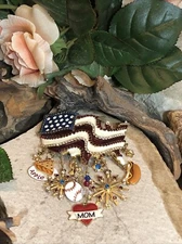 15. Gold Tone LATR 2GO LUNCH AT THE RITZ Enamel AMERICAN FLAG Dangle Pin 3 1/2"