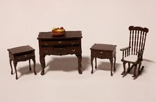 Dollhouse Miniature Queen Anne Dresser Set With Fruit Bowl 1:24 1/2 Scale Brown
