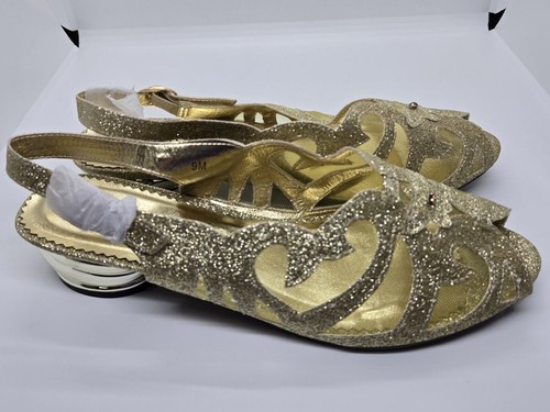 Ashro Womens Scroll Mesh Slingback Sandals Gold Block Heel Adjustable Buckle 9M - Picture 5 of 8