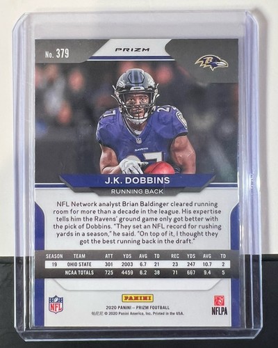 2020 Panini Prizm Red White Blue 379 J.K. Dobbins Rookie Ravens w/ Protector - Picture 2 of 2