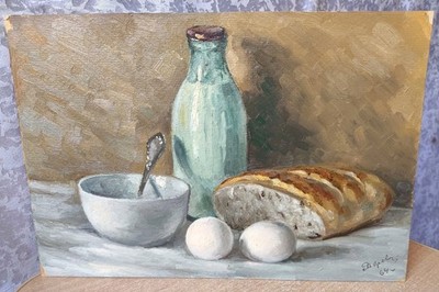 Antique Vintage Oil Painting Social realism Ussr Soviet still life Bread Eggs