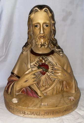 Vtg Jesus Sacred Heart Alter Chalkware Bust Wood Cross Candle Heavy PSCI 1950s