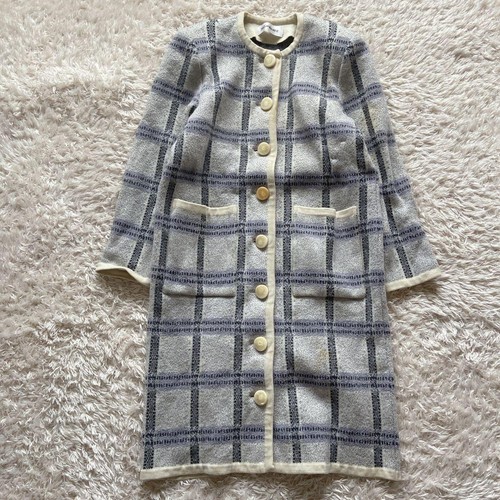 Yves Saint Laurent Blue Gray Check Knit Coat, Collarless, Medium, Long - Picture 11 of 24
