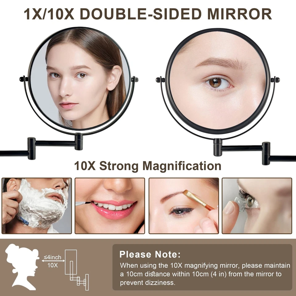 8" Wall Mounted Makeup Mirror, 1X/10X Magnifying Mirror with 360° Extendable ... - Image 2 of 4