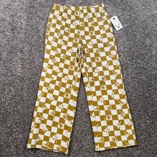 Billabong Endless Spring Pants Girls Checkered Palm Tree Yellow White Small NEW