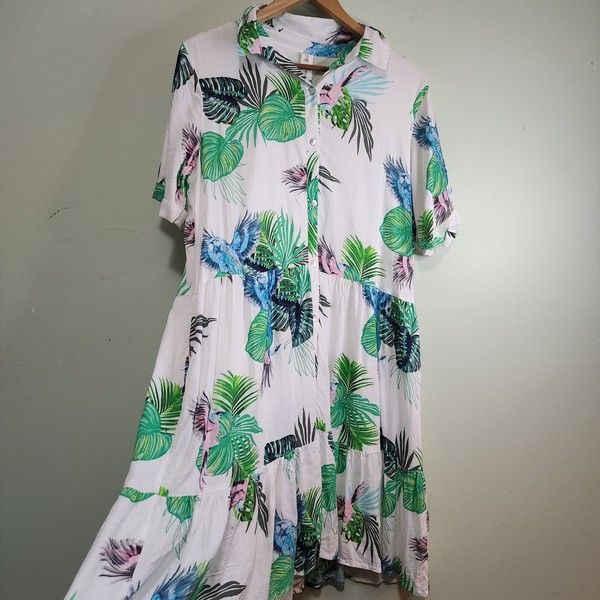 Elm Tropical Bird Shirt Maxi Dress Cotton Botanical Print Size 12 Resort Holiday