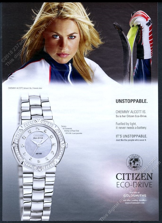 print Alcott watch photo skier Eco 2008 vintage Chemmy ad Citizen Drive - vintagewatches.pk