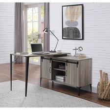 L-Shape Writing Desk w/ Barn Door - Gray Oak/Black or Rustic Oak - Metal Legs