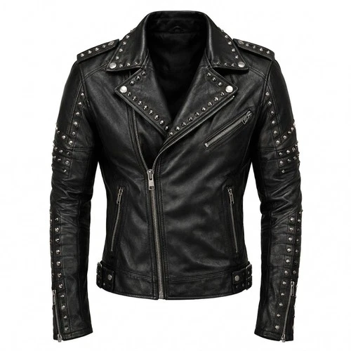 Men's Black Leather Biker Jacket Heavy Metal Gothic Studded Punk Rock Motorcycle video thumbnail
