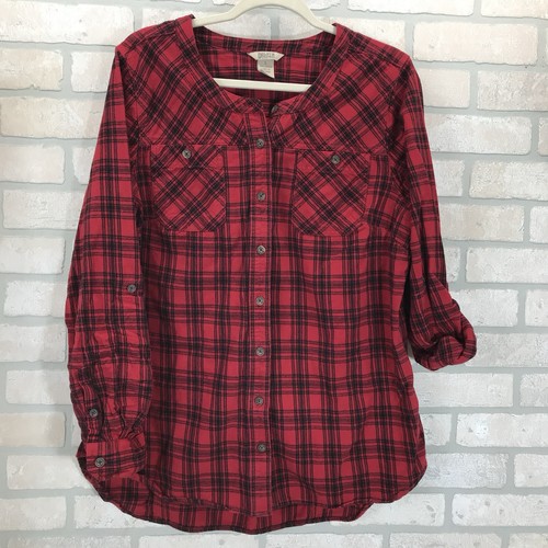 Duluth Trading Free Swingin Tunika Damen L rot schwarz Knopfleiste Hemd Flanell kariert