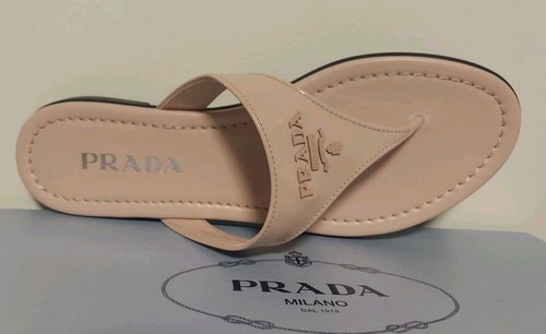 PRAD A ICONIC Nude Patent Logo POOL FLIP FLOP Thongs ITALY 38.5 LOVE SHOES - Picture 3 of 7