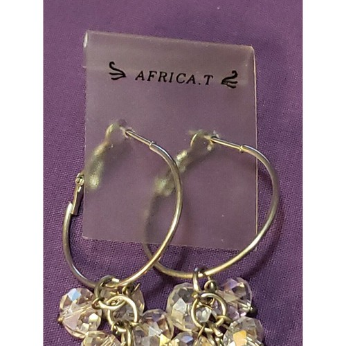 Africa T Dangle Earrings, Silver Tone Hoop With Sparkly Clear Glass Bead Cluster - Picture 3 of 8