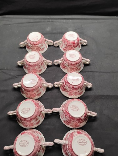Vintage, Spode's Tower pink set of ten - two Handled Boullion bowls with plates - Picture 5 of 16
