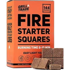 Fire Starter Squares 144 for BBQ, Camping, Wood Stove, Smoker, Charcoal, Fire...