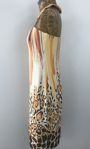 NUEVA DRESS 10 ORANGE BEIGE Midi Shift Round Neck African Beaded Jersey Tribal - Picture 10 of 21