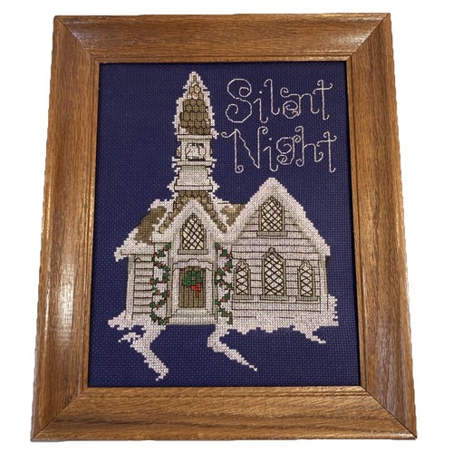 Fertig Weihnachten Kreuzstich STILLE NACHT auf blauer Kirche Stechpalmenkranz gerahmt