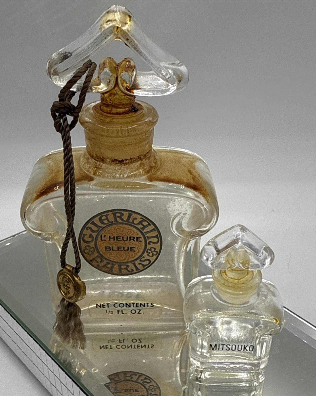 VTG. Baccarat Guerlain Perfumes MITSOUKO Micro Mini~L' HEURE BLEUE 1/2 Oz.EMPTY