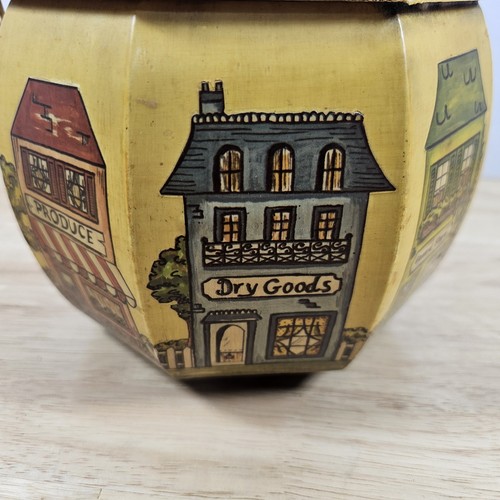 Vintage Decoupage Wood Octagon Box Purse With Handle Town Shops Church School - Picture 6 of 15
