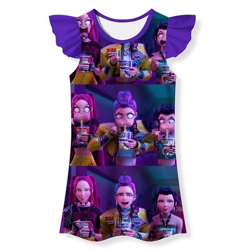 KPop Demon Hunters T Shirt Dress for Girls Rumi Mira Zoey Ruffled Sleeves Hungry - Bild 2 von 17