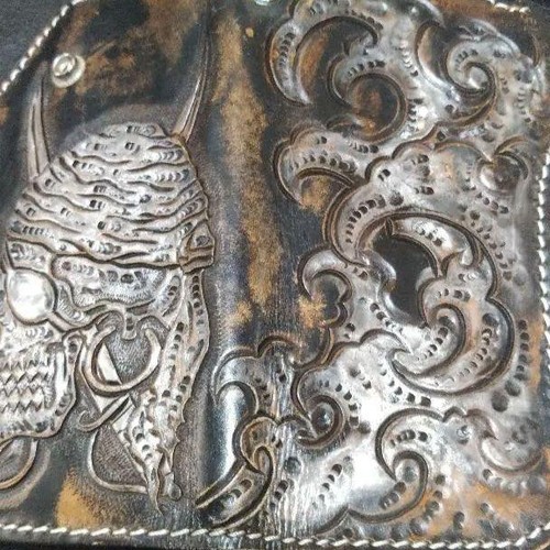Wild Hearts Leather Biker Wallet Pirate Skull Carving Dark Brown - Picture 14 of 14