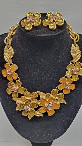 CHRISTIAN LACROIX Vintage Gilt Gold Toned Enamel Flowers Necklace and Earrings