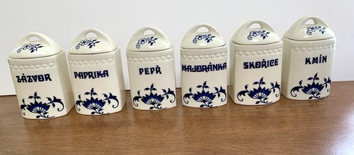 Vintage Czech Blue Onion Spice Jars with Lid Set of 6 Jars 4” Tall * - Picture 1 of 5