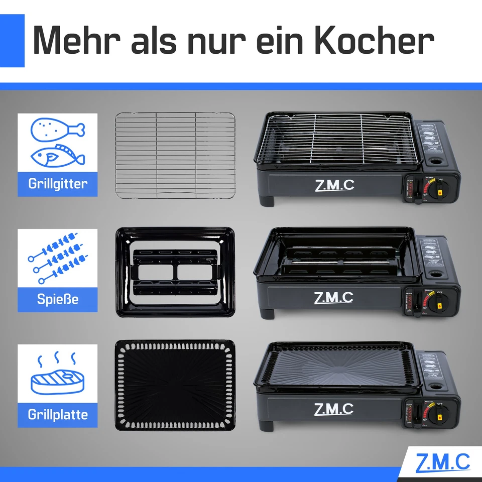 ZMC 2in1 Gaskocher Camping-Kocher + Gasgrill inkl. Gaskartuschen, Grillplatte - Bild 4 von 4
