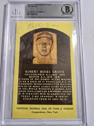 Robert “Lefty” Grove Autographed Baseball HOF Plaque Postcard Beckett certified - Picture 1 of 3