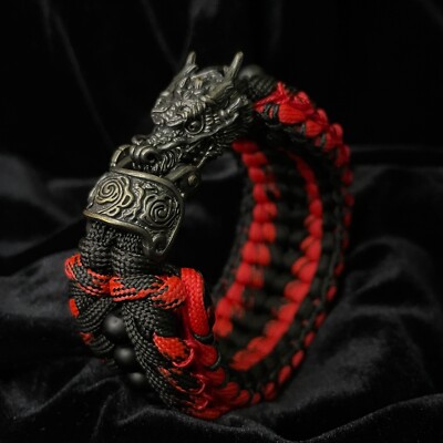 Paracord Armband mit schwarzem Drachenkopfverschluss, Onyx Perlen