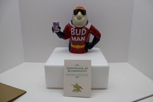 Taza vintage 1993 Bud Man con lata de cerveza Stein Budweiser años 90 nunca exhibida - Imagen 2 de 16