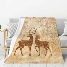 Retro Deers Fleece Throw Blanket Ultra Soft Cozy Decorative Flannel Blanket f...