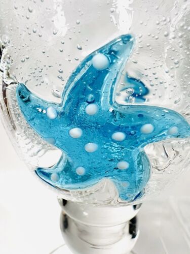 Vintage Set of 2 Clear Art Bubble Glass With Blue Starfish Wine Goblets - Picture 14 of 17