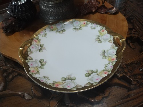 Antique vintage 1910s 10" handled porcelain cookie serving plate roses gold trim - Picture 2 of 6