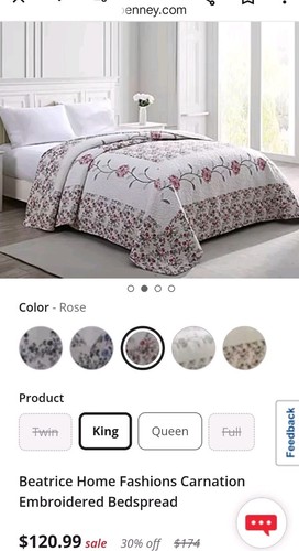 JC Penney Beatrice Home Embroidered Carnation Floral King Size Quilted Bedspread - Picture 8 of 14