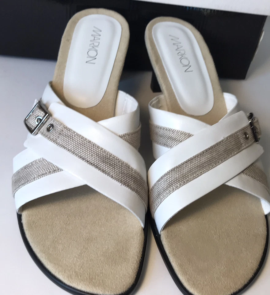 ✨Nuevas Sandalias Mujer Markon "Bailarina" Blanco/Beige Deslizables Punta Abierta Tacones Talla 8.5 M Foto 3 de 4