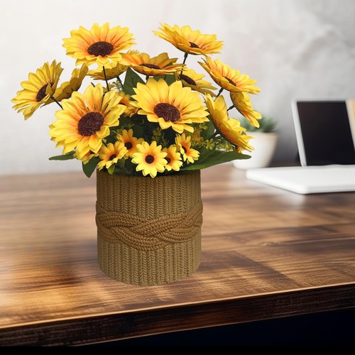 Artificial Sunflowers in 6" Brown Polyresin Pot Fake Silk Plant Home Decor - Picture 2 of 7