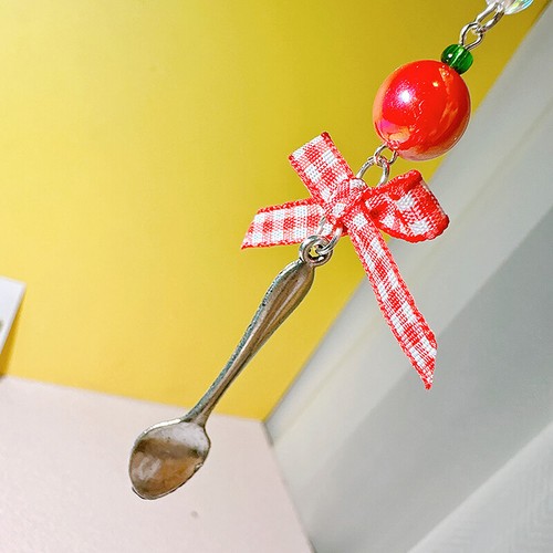 Red Plaid Ribbon Spoon Mobile Phone Chain Pendant Keychain Lanyard Camera Ch _xa - Zdjęcie 5 z 7
