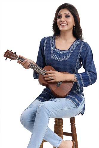 MID558 Kurtis for Women 100% Polyestor Blue Floral Tunic V-Neck Mini 3/4 Sleeves - 第 4/8 張圖片