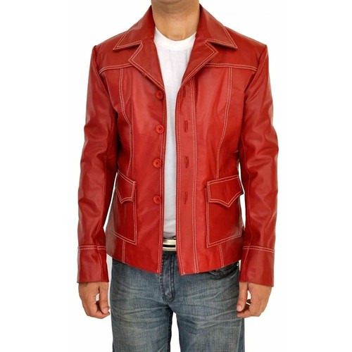 Men's Brad Pitt Fight Club Tyler Durden Coat Red Biker Leather Cosplay Jacket - Picture 1 of 9
