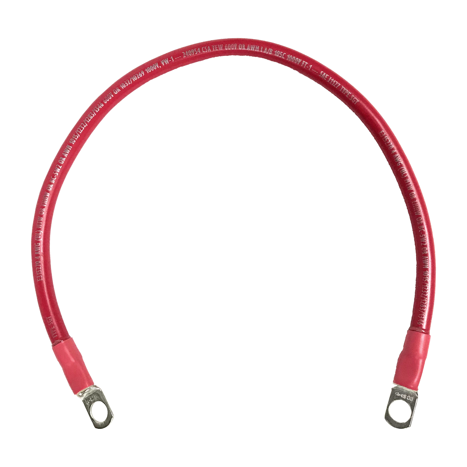 Marine Battery Cable, 4 AWG, Tinned Copper w/ Red PVC, 18" Length, 3/8