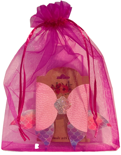 MERMAID HAIR BOW Pink With Rainbow Scales Faux Leather Handmade Limited 5 X 4 In - Picture 3 of 6