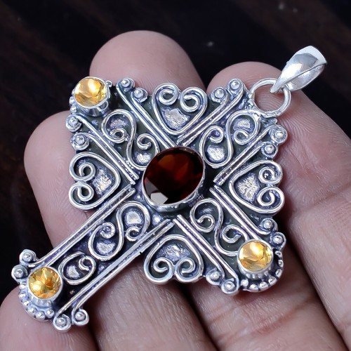 Faceted Garnet, Citrine Cut Gemstone 925 Sterling Silver Cross Gifted Pendant - Picture 1 of 6