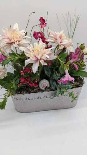 Tischgesteck Sommergesteck Ranunkeln Wicken Schnecke Gräser rosa grau - Bild 5 von 5
