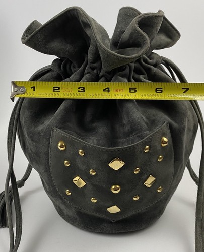 ESCADA VINTAGE 1980'S GRAY LEATHER DRAWSTRING SHOULDER BAG NEW OLD STOCK $600 - Picture 9 of 12