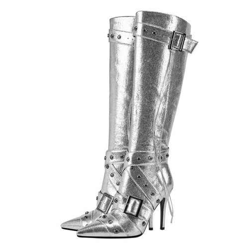 Runway Womens Pointed Toe Knee High Boots Buckle Rivets Stiletto Heel Zipper New - Picture 12 of 21