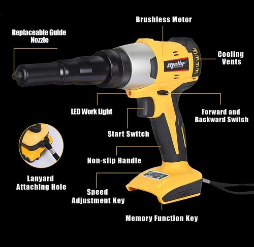 Mellif Cordless Brushless Rivet Gun for Dewalt 20V Max Blind Riveter Tool Only - Picture 3 of 9