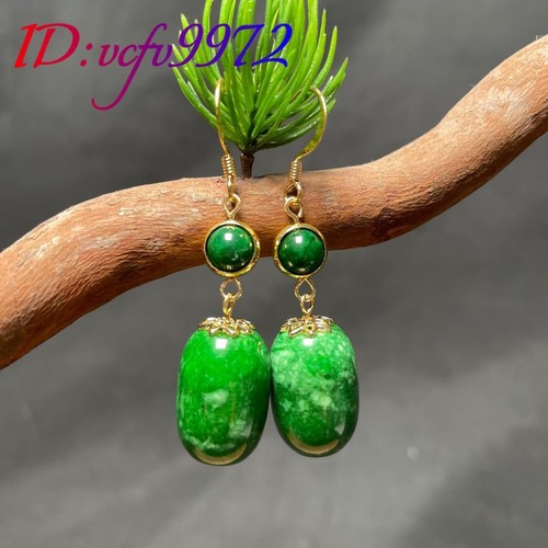 Green Natural Jade Bead Earrings Amulet Vintage 18K Gold Plated Real Jewelry - Picture 4 of 4