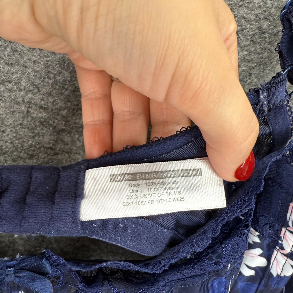 Sujetador Balconette sin marca para mujer 36F azul floral con aros opaco encaje gancho y ojo Foto 3 de 4